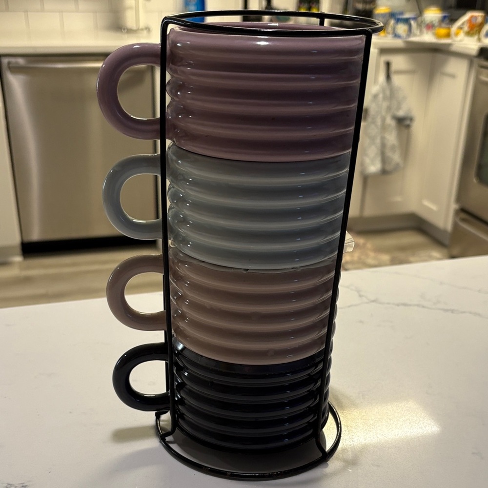 Stylish Ceramic Mug Set with Stand - Pink, Gray, Black
